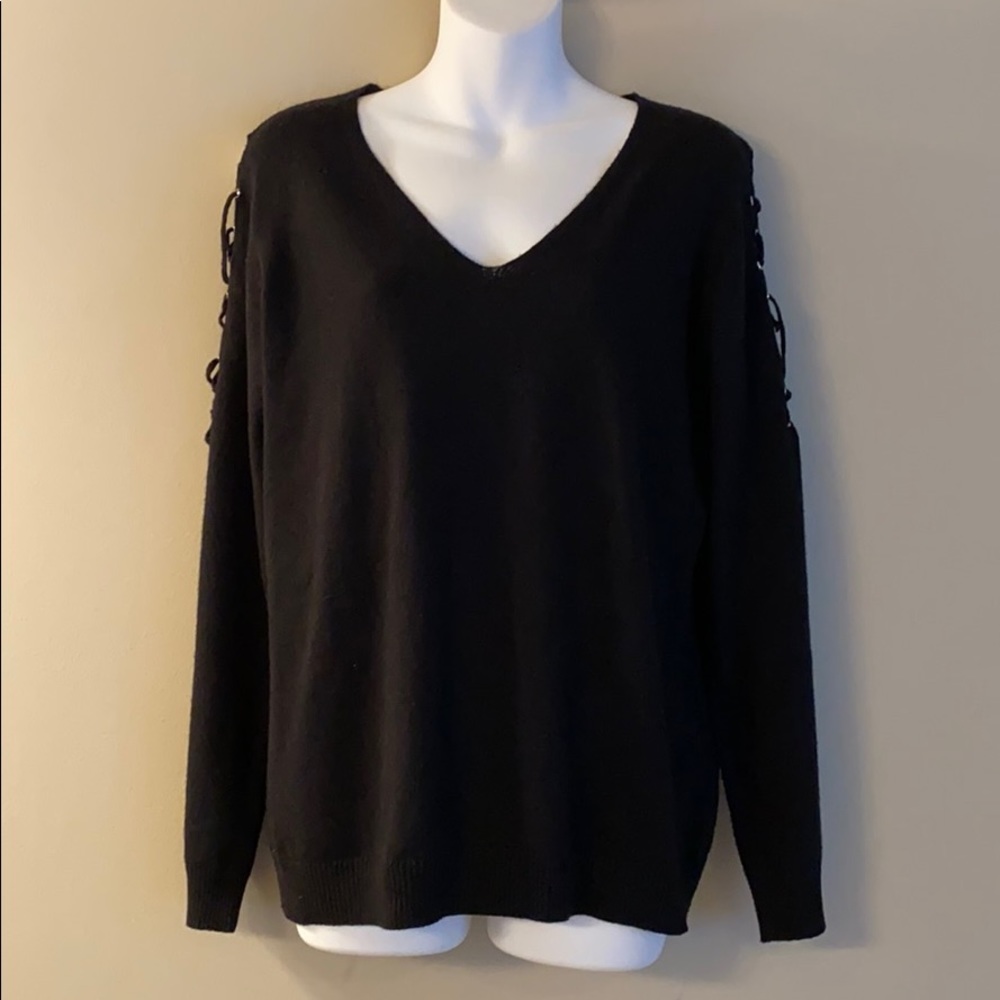 0°C Black V Neck Sweater With Lace Up Shoulders